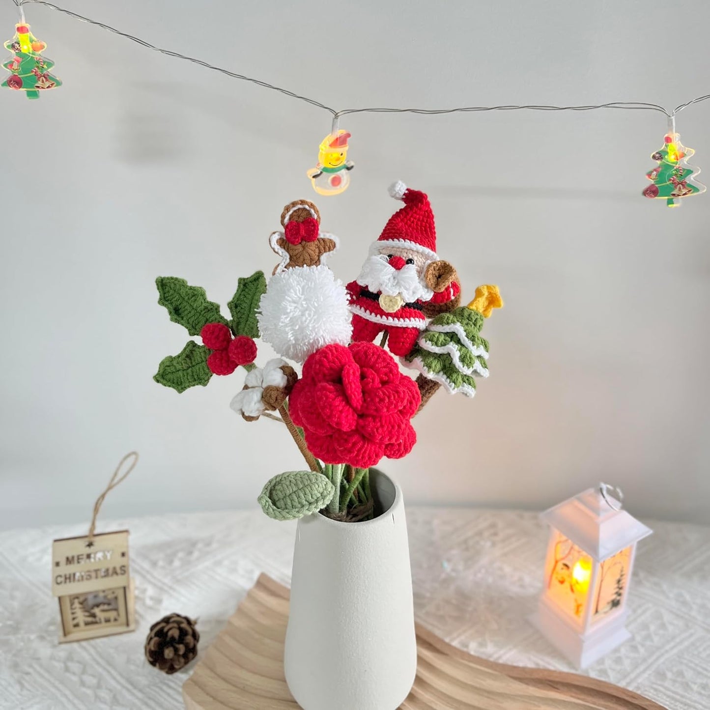 Christmas Crochet Santa Tree Rose Berry Bouquet