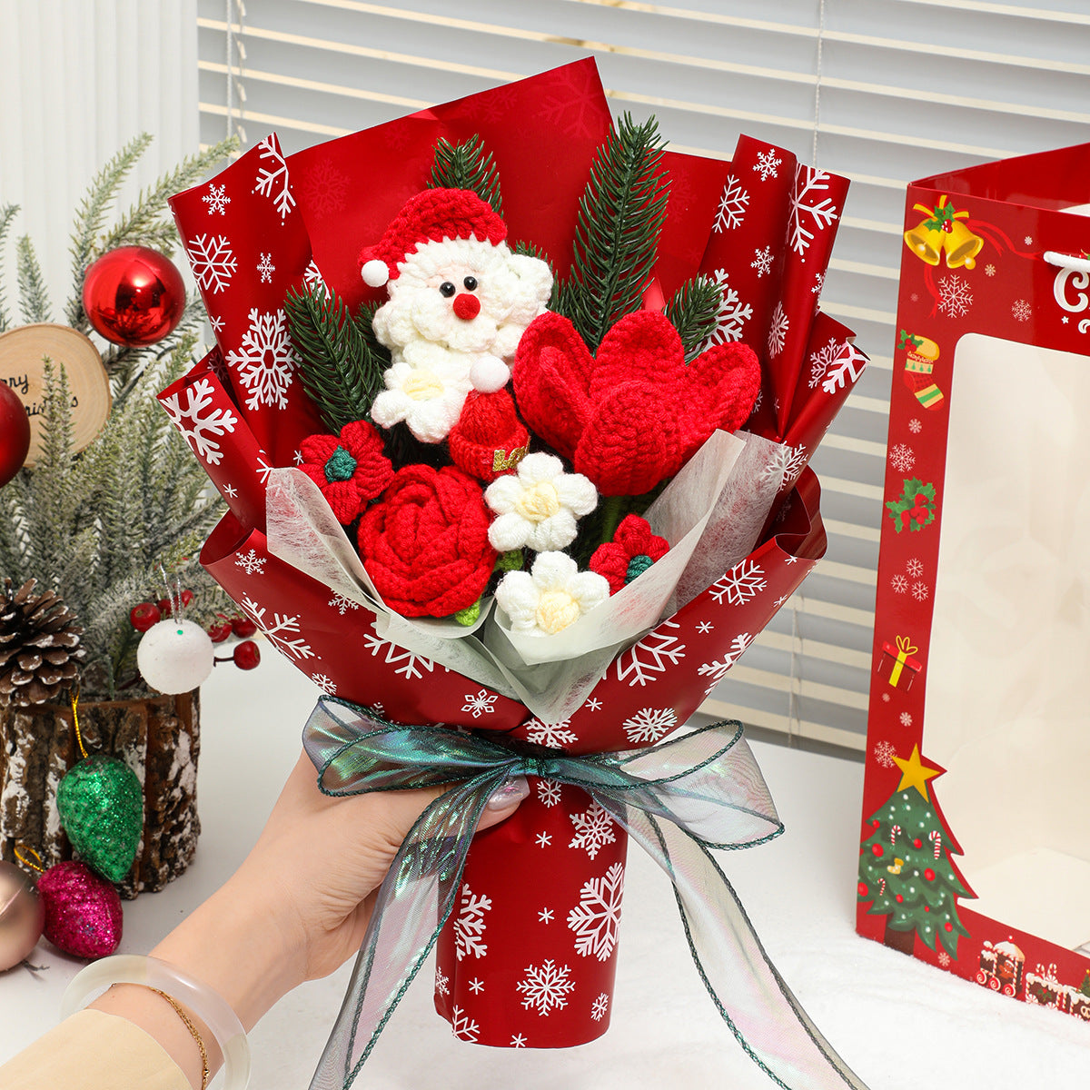 Christmas Crochet Santa Tree Rose Berry Bouquet