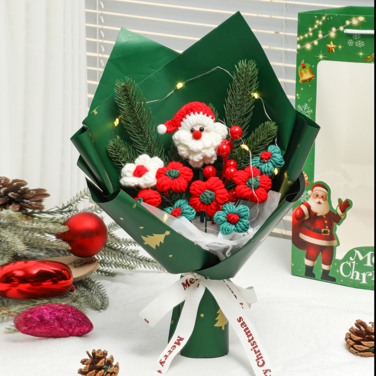 Christmas Crochet Santa Tree Rose Berry Bouquet